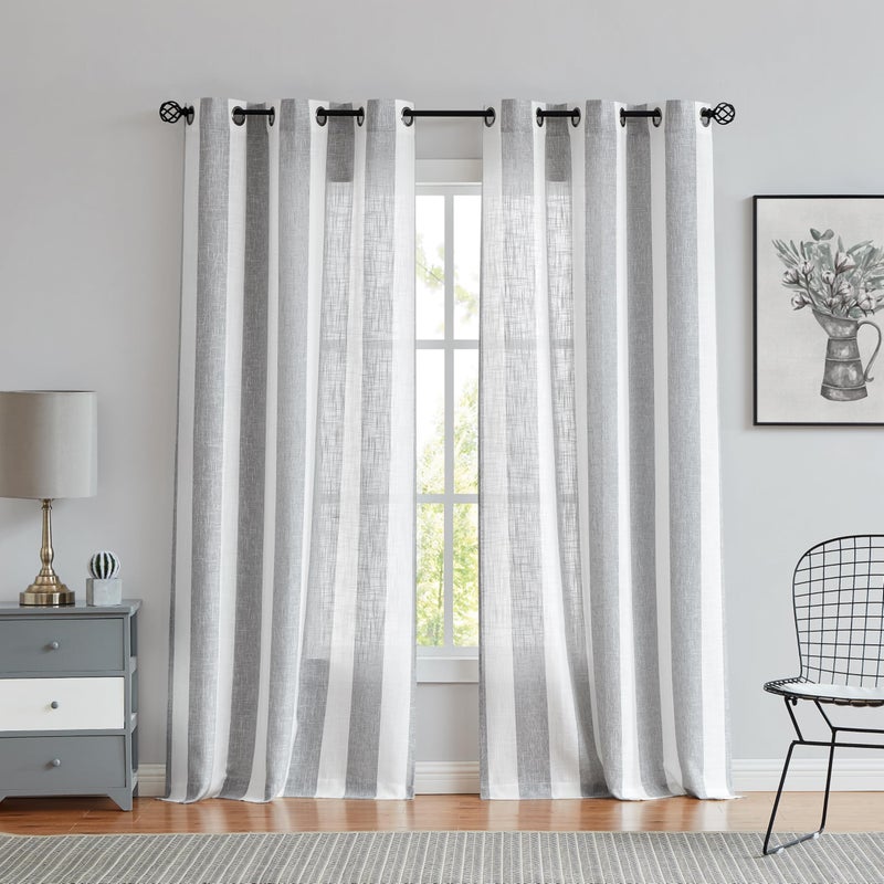 Central Park Gray White Stripe Farmhouse Curtains Semi-Sheer Rayon Blend Heavy Linen Texture Window Curtain Panel 6 Grommets Treatment for Living Room/Bedroom, Set of 2, 44" x 84" Each - Image 1